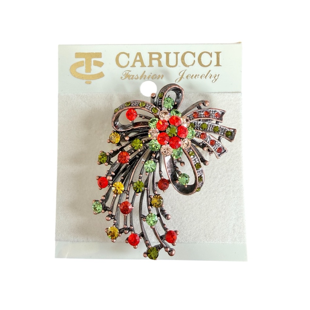 Vintage 90s Carucci Rhinestone Brooch Pin Pendant Copper Tone Bow NWT NOS